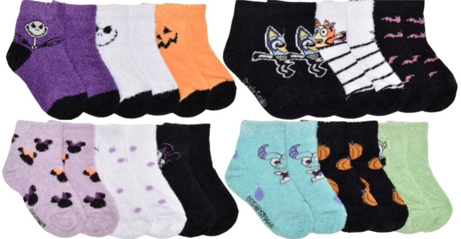 four 3 packs of toddler character socks