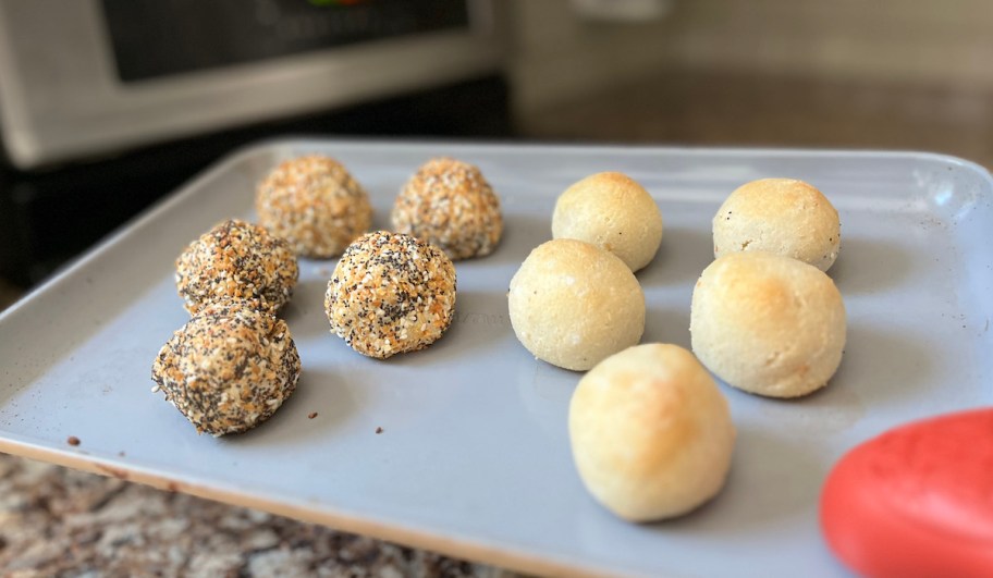sheet pan with various kinds of bagel bites on top