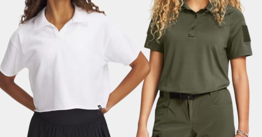 two women wearing a white and green under armour polo