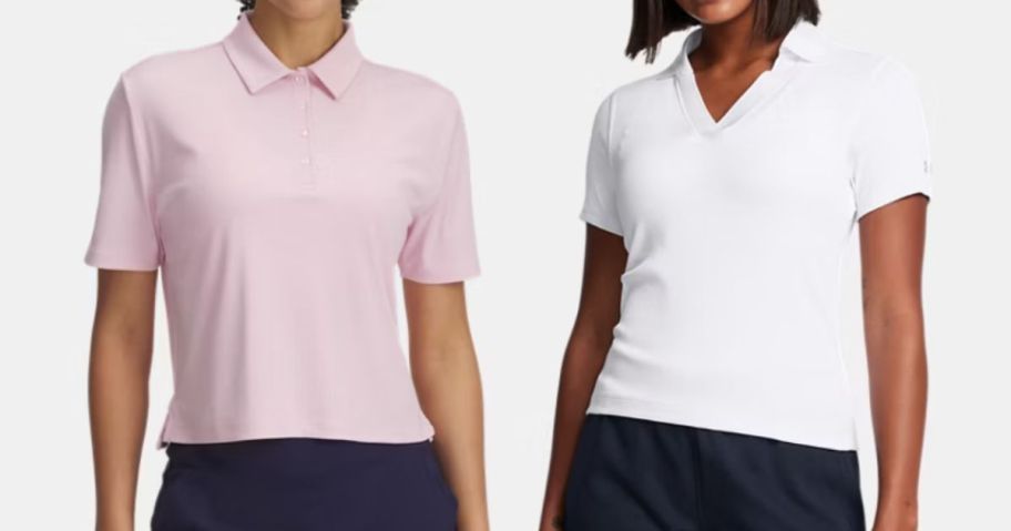 two women wearing a pink and a white under armour polo