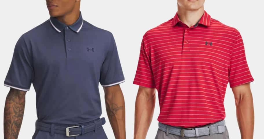 two mem wearing a blue and a red striped under armour polo