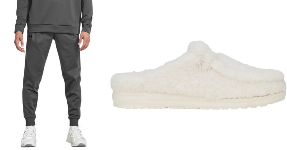 man wearing Under Armour Men's Armour Fleece Joggers next to HEYDUDE Women's Wendy Slipper