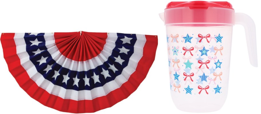 Patriotic fan bunting features red, white, and blue with stars. Next to it, a clear pitcher with a red lid, adorned with star and bow patterns.