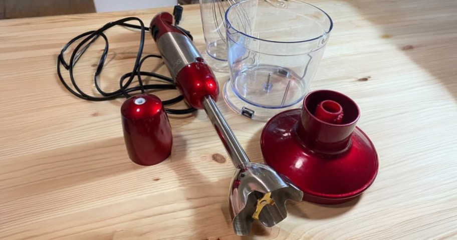 an Immersion Blender with accessories on a kitchen counter