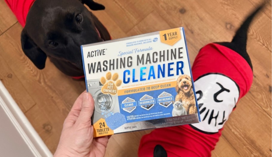 a womans hand holding a package of washing machine cleaner tabs for pet owners