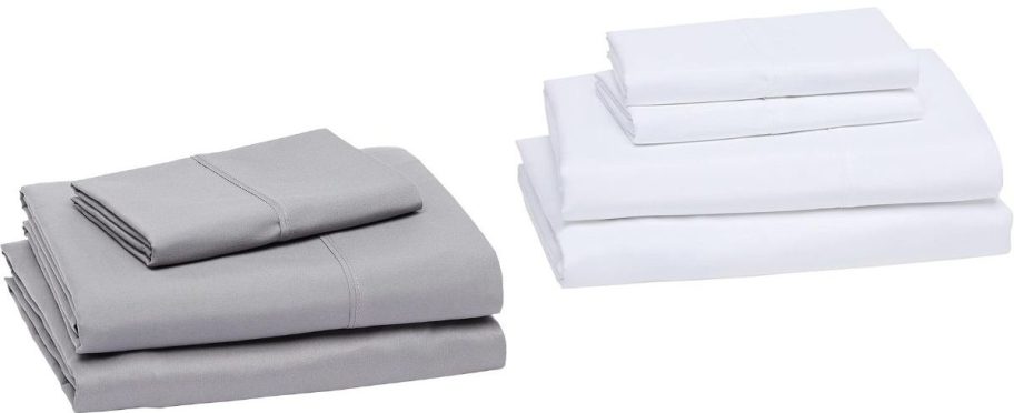 Stock images of two sets of Amazon basics sheets in gray twin size and white full size