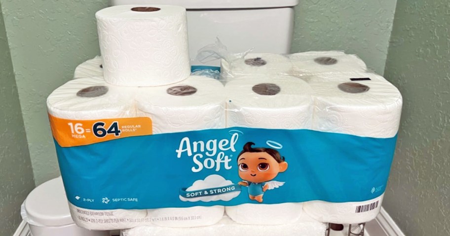 pack of Angel Soft Toilet Paper on top of a toilet