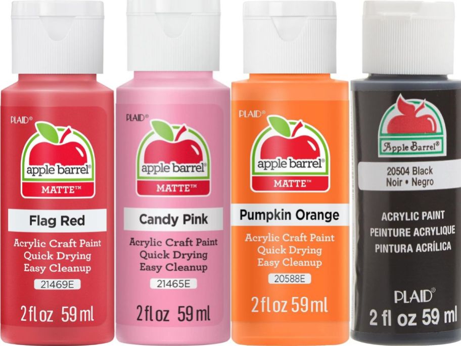 Stock images of 4 bottles of Apple Barrel Paints in red, pink, orange, and black