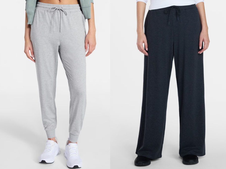 women modeling grey joggers and black pants