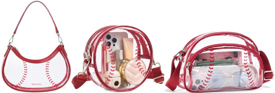 Three clear stadium purses with red trim.