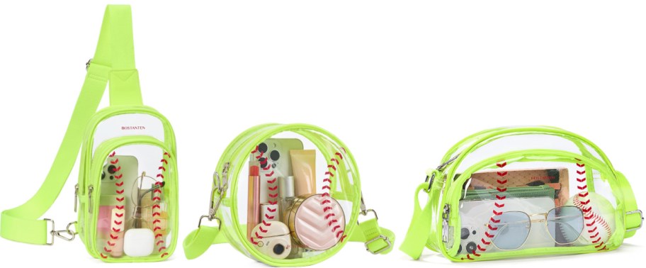 Three clear stadium purses with yellow trim.