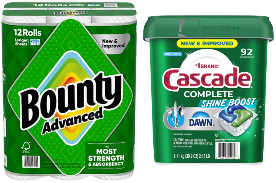 Bounty Advanced Paper Towels 12-Roll Pack and Cascade Complete Shine Boost Dishwasher Detergent ActionPacs 92-Pack