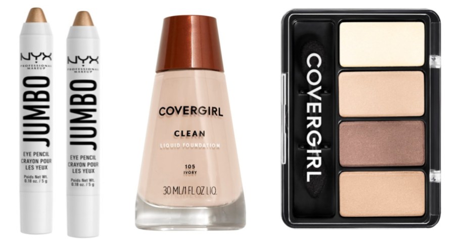 two eye pencils, foundation and eye shadow