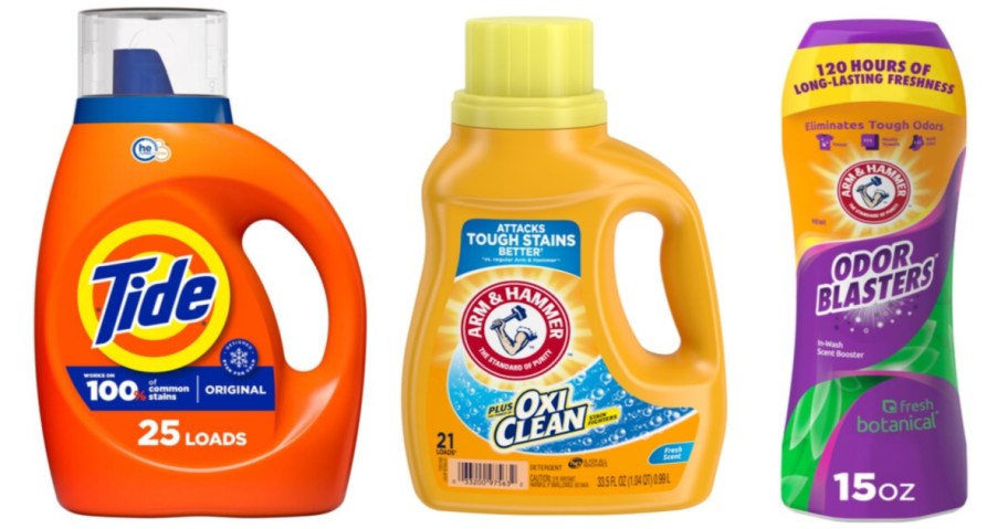 two bottles of laundry detergent and laundry beads