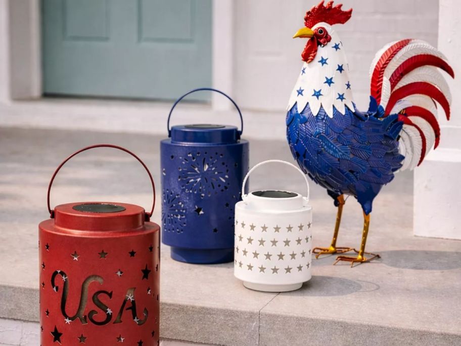 Celebrate Together Americana Solar Lanterns & Rooster on a porch