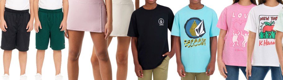 multiple kids modeling shorts and tees