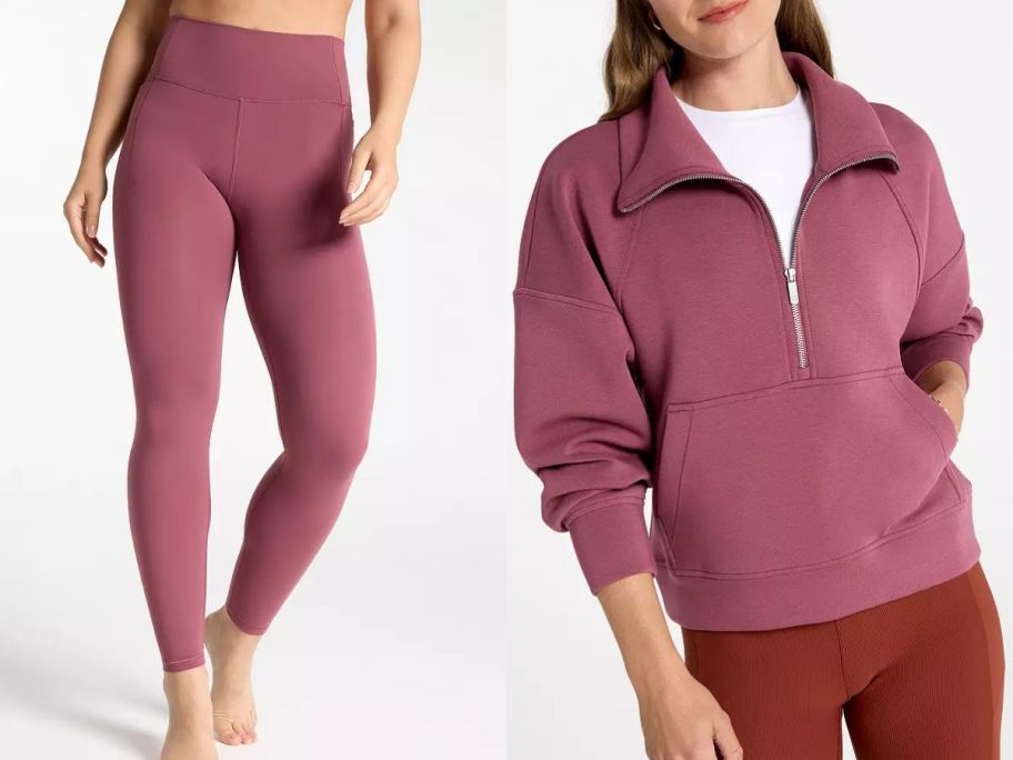Stock images of women wearing CALIA leggings and a scuba sweatshirt