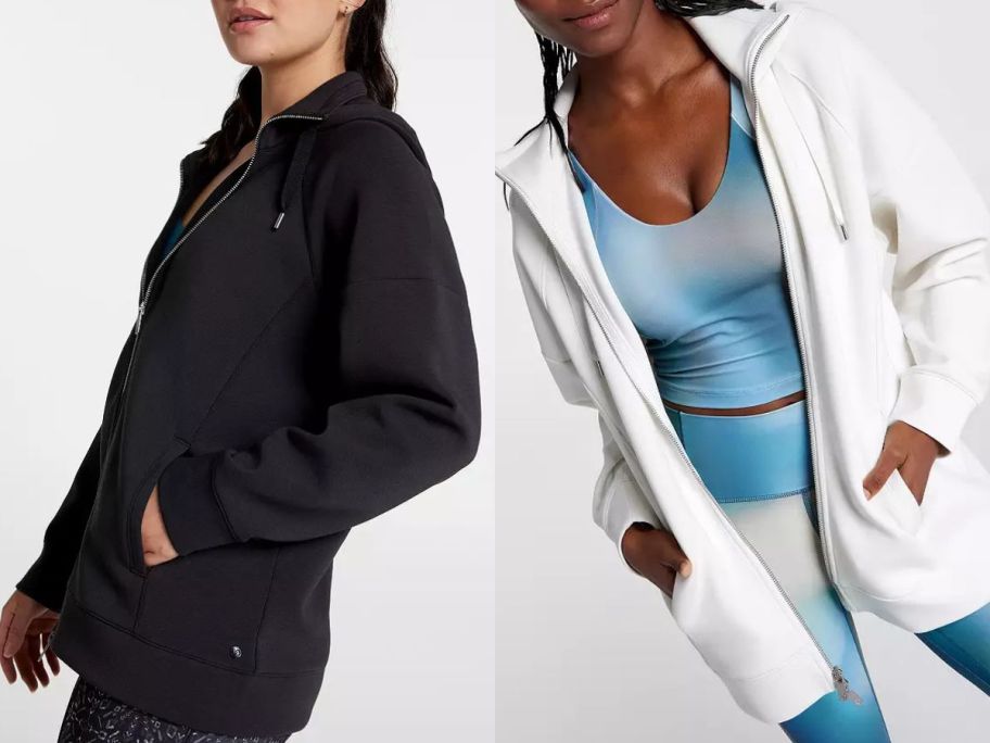 Stock images of two women wearing a CALIA full-zip scuba sweatshirt in black and white