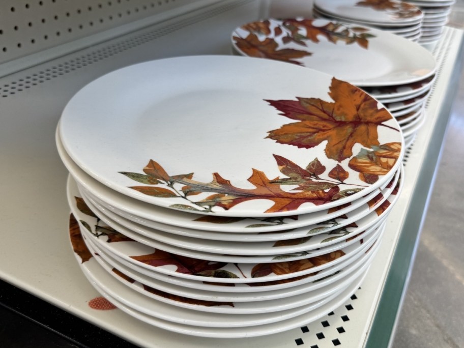 ceramic fall leaves dinner plate on dollar tree shelf