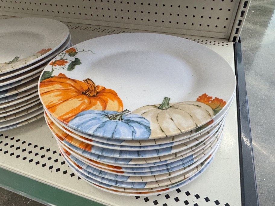 stoneware fall plate with pumpkins on dollar tree shelf