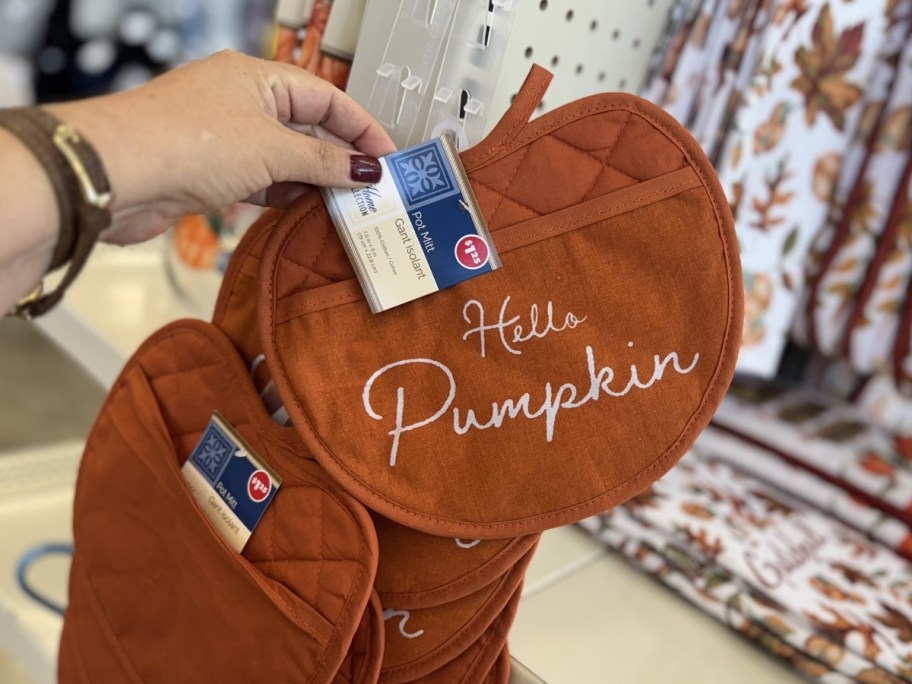 hello pumpkin pumpkin-shaped potholder at dollar tree