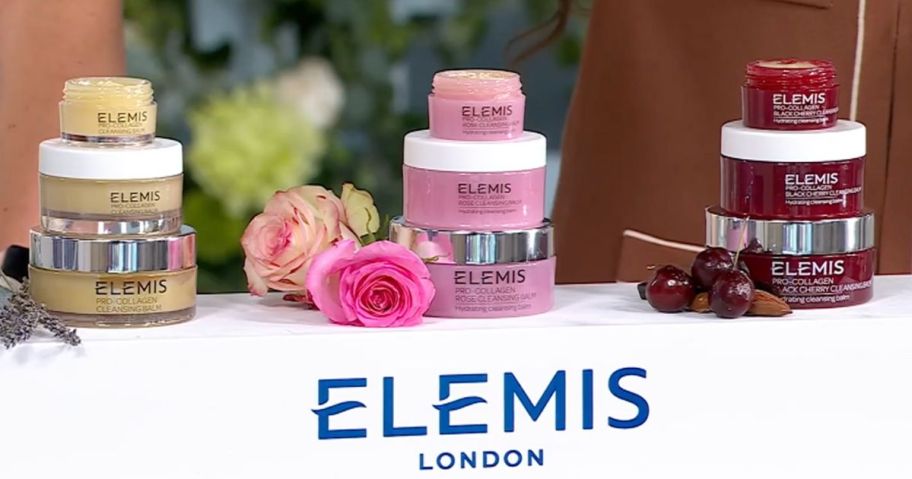 3 towers of Elemis Cleansing Balm in Original, Rose and Black Cherry Scents