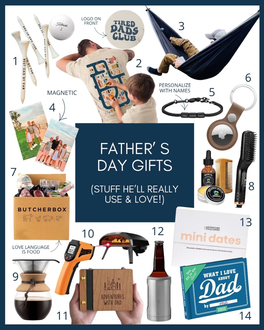 father's day gift guide collage with various gifts