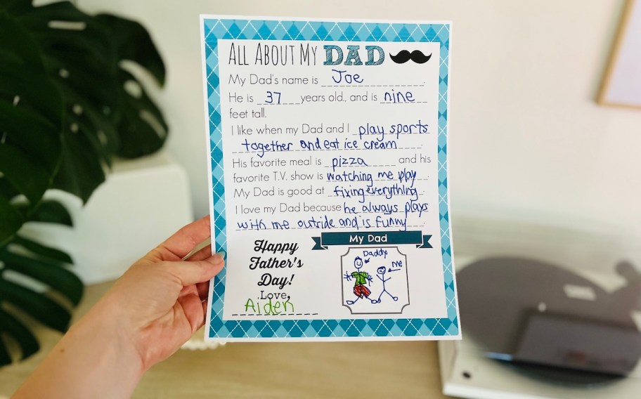 Hand holding all about dad Father's Day printable
