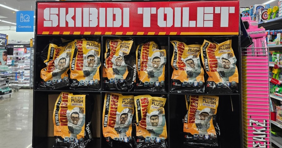 Skibidi Toilet mystery plush toy packs on a store display
