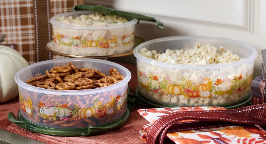 three different items of harvest canister set with food inside of it 