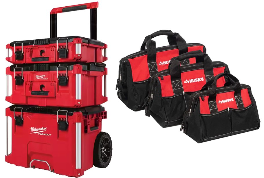 stacked milwakuee boxes and set of husky tool bags