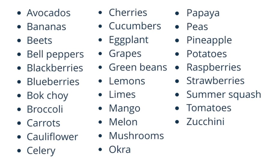 bulleted list of produce