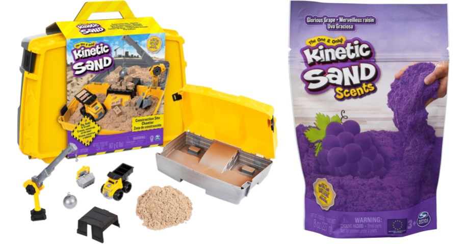 kinetic sand construction set and bag of purple sand