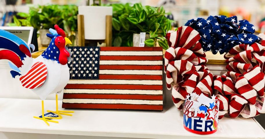 Kohl's Americana Decorations including a rooster, flag, and wreath