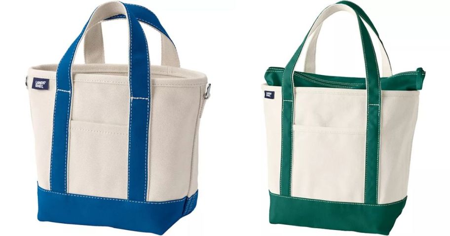 two lands end totes in medium and large with blue and green color waves