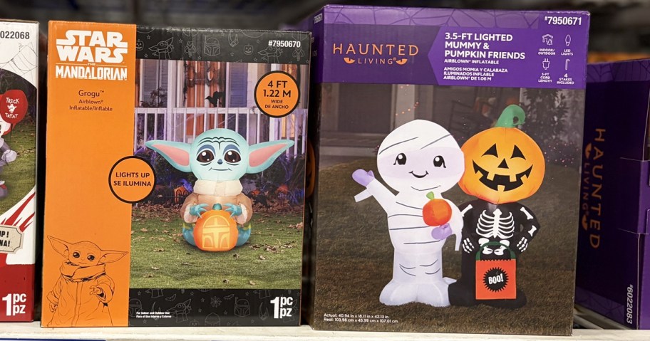 star wars grogu and mummy & pumpkin halloween inflatable boxes on store shelf