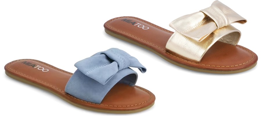 blue and gold bow sandals