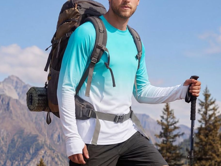 Man wearing rash guard wile hiking