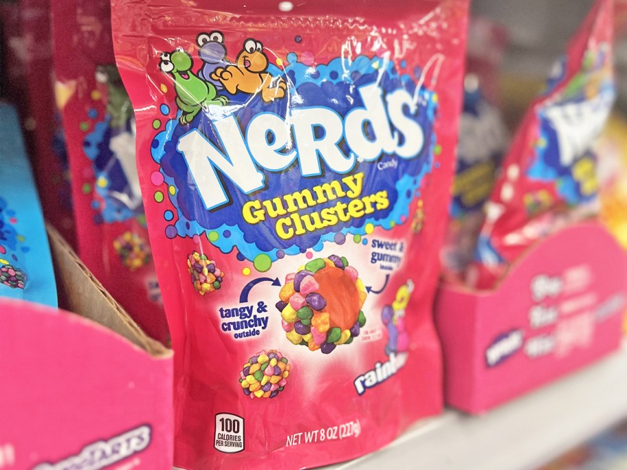 pink bag of Nerds Gummy Clusters on store shelf