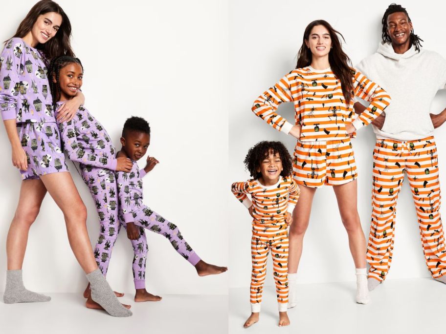 Two families wearing Old Navy Matching Family Halloween Pajamas