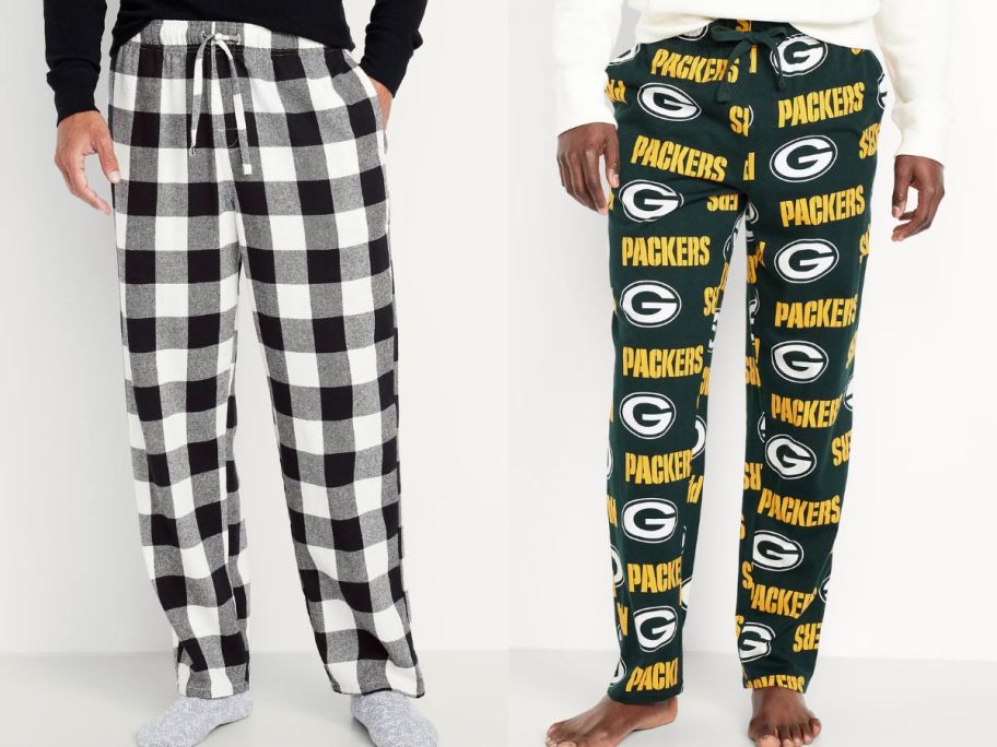 Stock images of two men wearing old navy pajama pants in Buffalo Check Black and White Plaid and Green Bay Packer Print