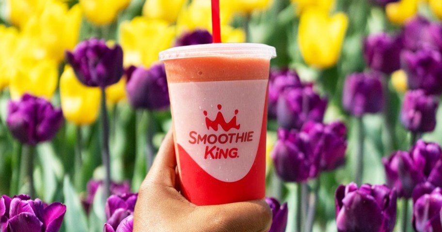 hand holding up a Smoothie King smoothie with field of purple and yellow tulips in background