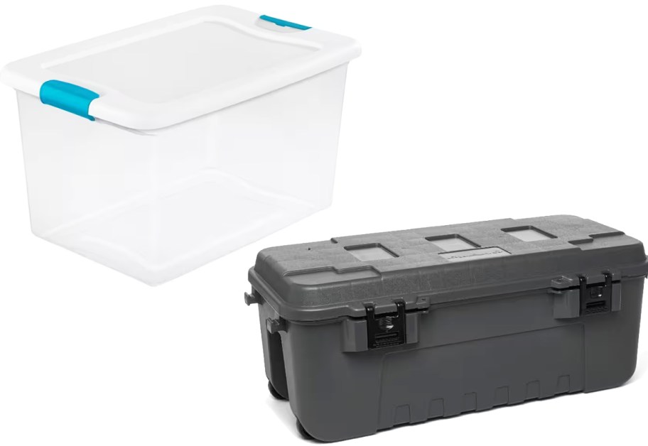 clear and black plastic storage boxes