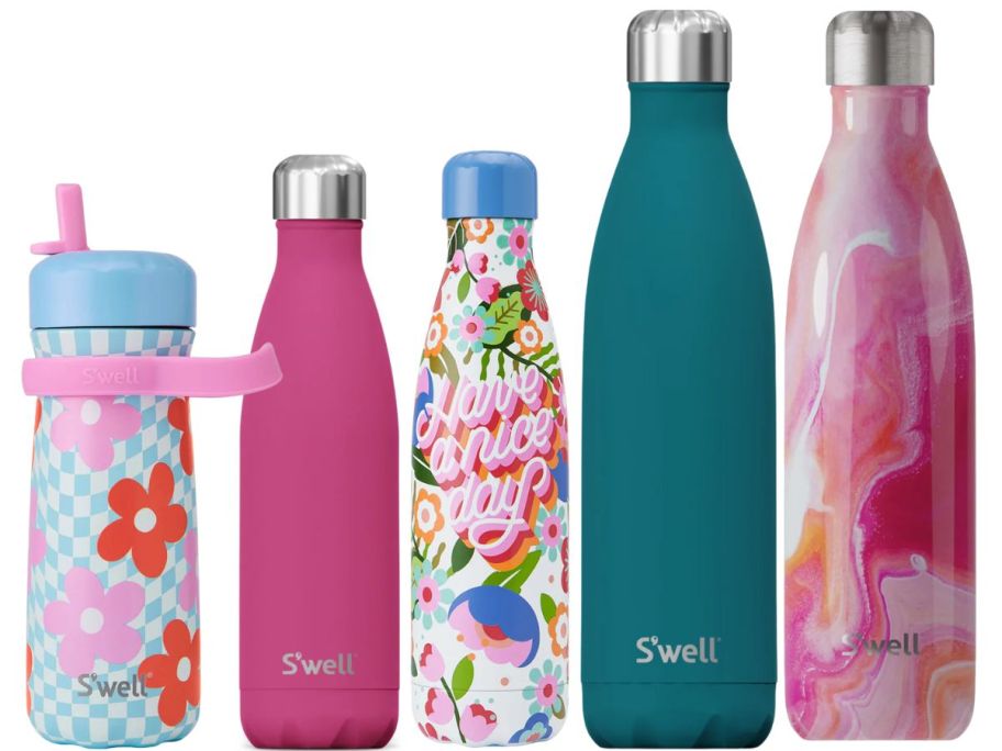 5 S'well Original water bottles in various colors and sizes