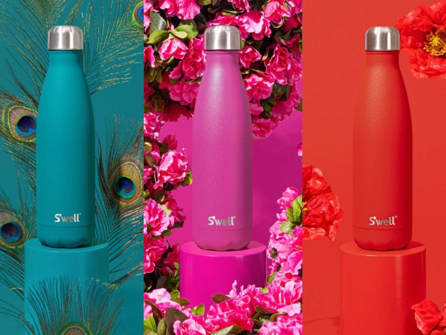 3 colorful water bottles with vibrant peacock, rose, and poppy colors behind them