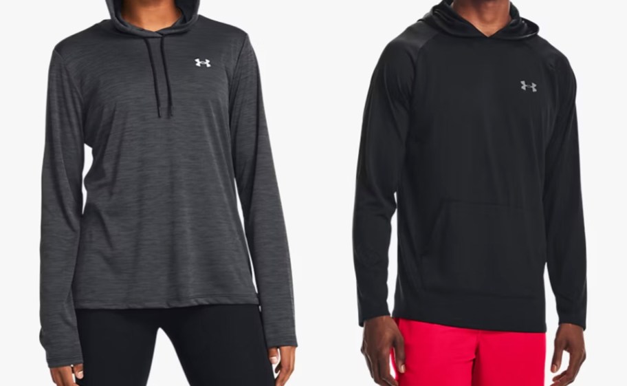 woman and man in grey and black under armour hoodies