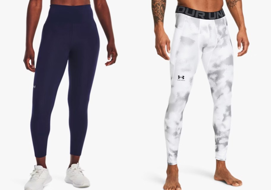 woman and man in navy blue and white leggings