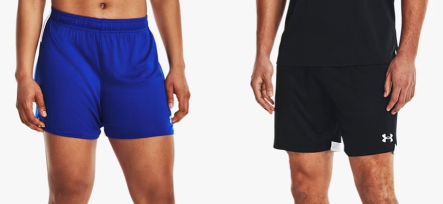 woman and man in blue and black shorts
