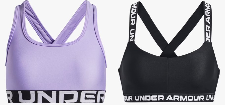purple and black under armour sports bras