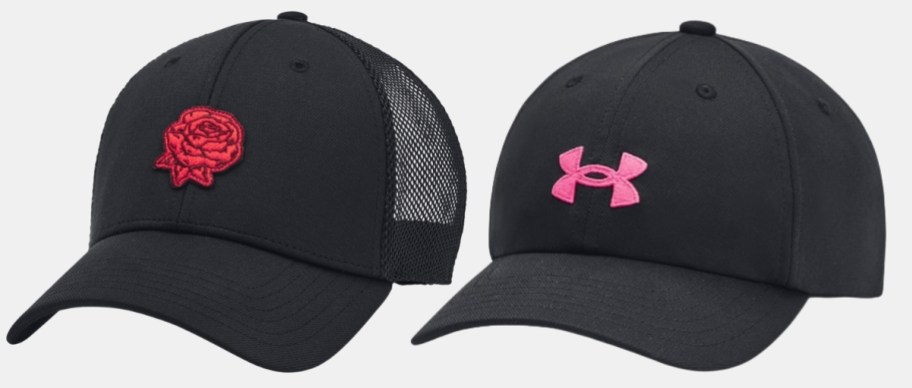 a black under armour hat with a decorative patch and a black under armour hat with pink logo